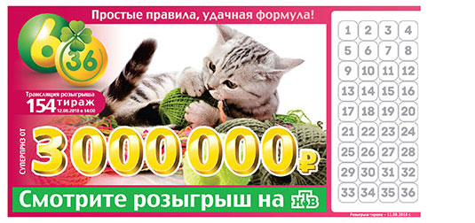 Лотерея 6 из 36 тираж 154 с кошкой