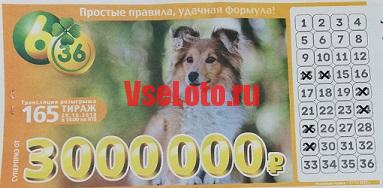 Лотерея 6 из 36 тираж 165 с колли
