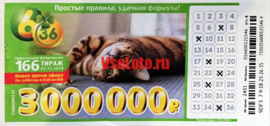 Лотерея 6 из 36 тираж 166 с кошкой