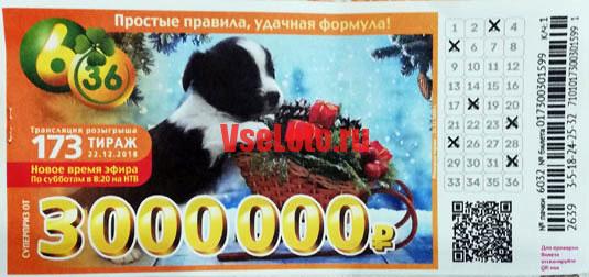 Лотерея 6 из 36 тираж 173 со щенком на санках