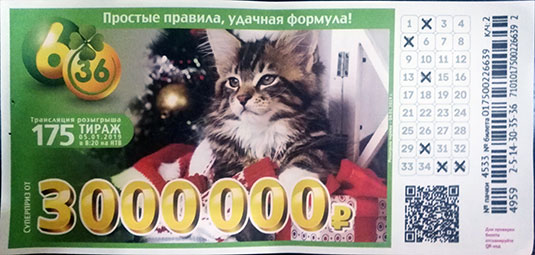 175 рождественский тираж лотереи 6 из 36 с котенком
